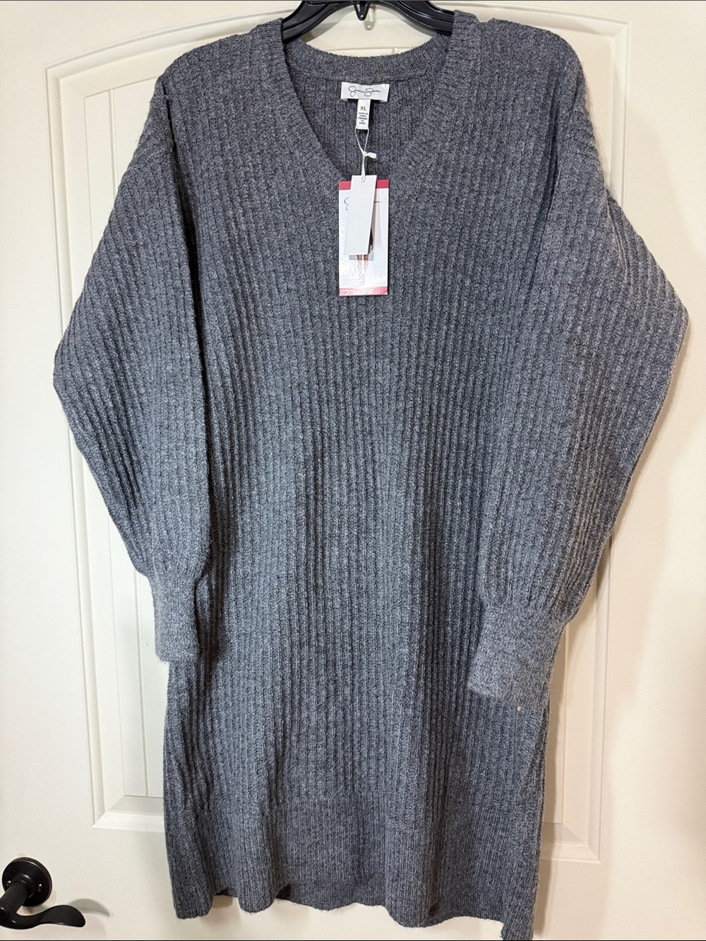 Jessica Simpson Charcoal Ribbed V-Neck Sweater Dress - Picture 2 of 5